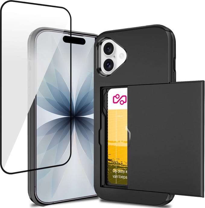 Hoesje met Pasjeshouder geschikt voor iPhone 17 - Screen Protector FullGuard - Back Cover SlideCase Zwart & Screenprotector