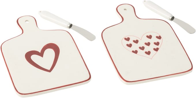 J-Line snijplank Harten - porselein - wit/rood - 2 stuks