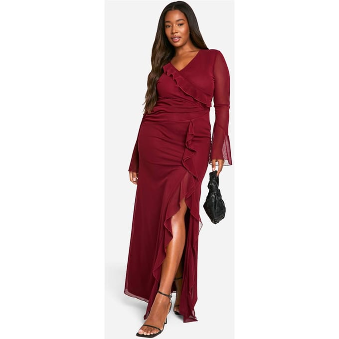 boohoo Dames Plus Ruffle Wrap Detail Maxi Jurk | Kersen | Maat: 52