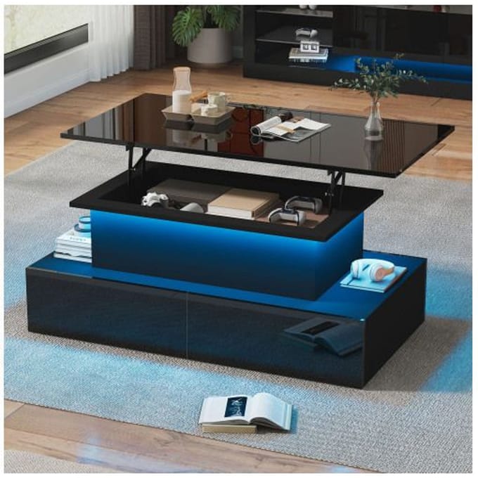 Table basse - MUVOE - Moderne - Noir brillant - Éclairage LED - 4 tiroirs noir