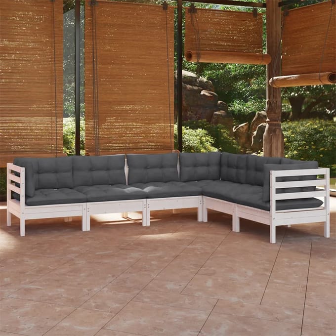 vidaXL - 6-delige - Loungeset - met - kussens - massief - grenenhout - wit
