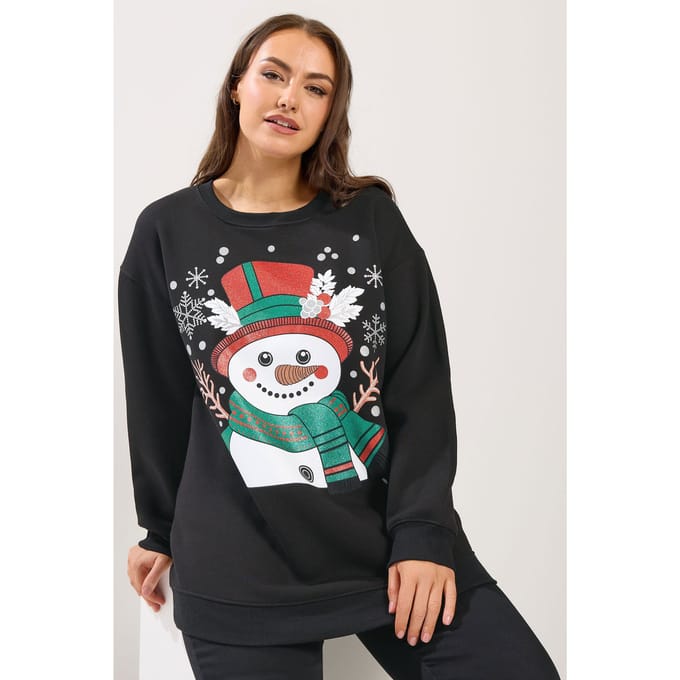 Yours Zwart Sweatshirt Met Glitter En Sneeuwpop Size 46