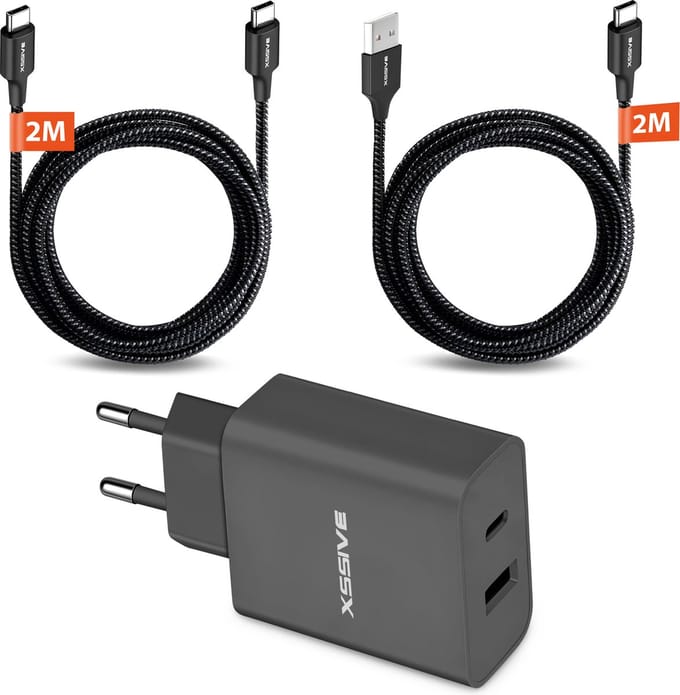 Snellader 2 Poorten met USB C Kabels 2 Meter - Universeel
