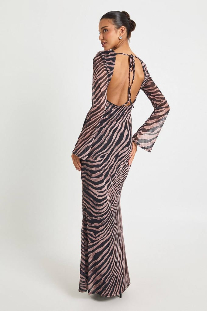 boohoo Dames Zebra bedrukte mesh schouderpad maxi jurk | Black | Maat: 8