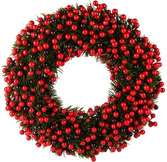 Dekoratief | Krans m/bessen, rood/groen, 32x32x7cm | A255588