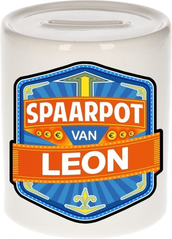 Bellatio Decorations Kinder spaarpot met naam - Leon - keramiek - met dop - wit - Sparen - Spaargeld van Leon