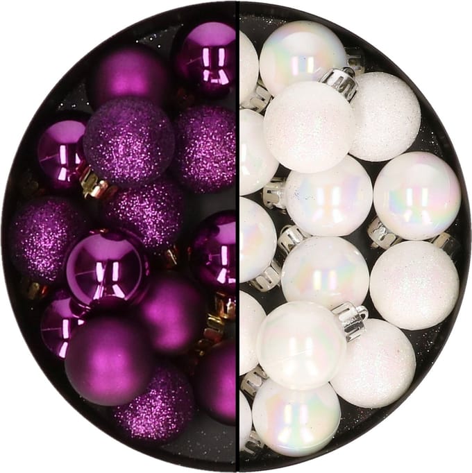 Decoris kleine kerstballen - 28x st - parelmoer wit en paars - 3 cm - kunststof
