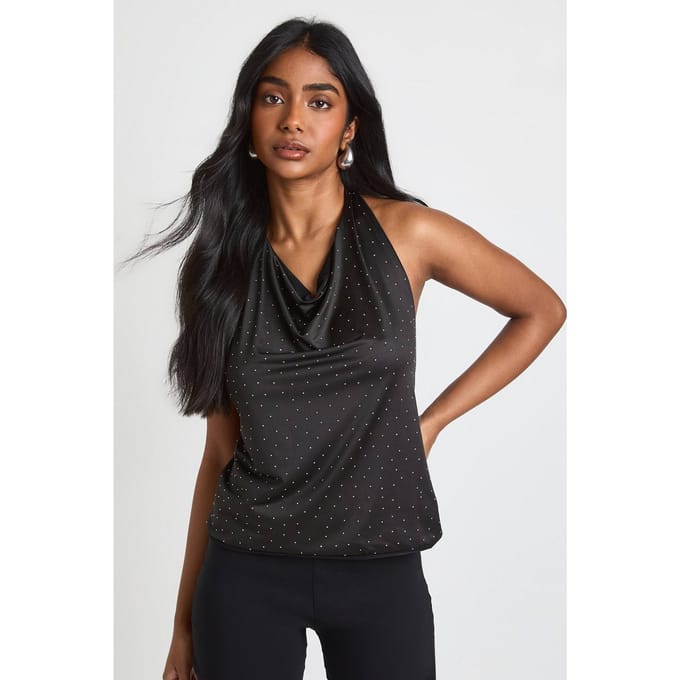 boohoo Dames Hotfix Slinky Halter Cowl Top | Black | Maat: 10