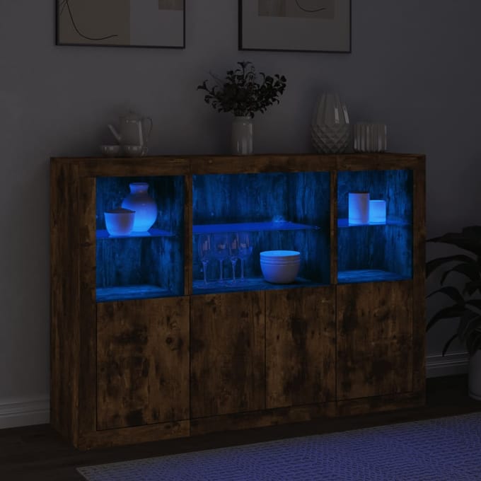 vidaXL - Dressoirs - met - LED-verlichting - 3 - st - bewerkt - hout - gerookt - eiken