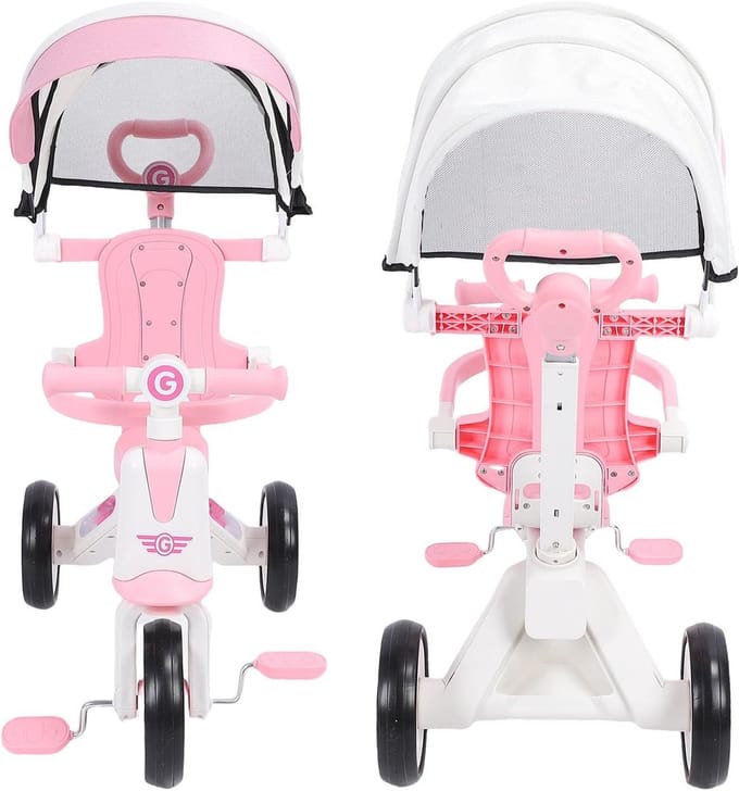 Kinder Driewieler - Loopfiets Peuter - Buiten Spelen - Verstelbare Luifel - 53 x 33 x 30 cm - Roze