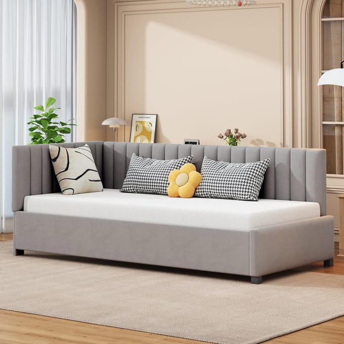 REDOM Bedframe 90x200 cm – Fluweel grijs – Slaapbank met lattenbodem – Mid-century design