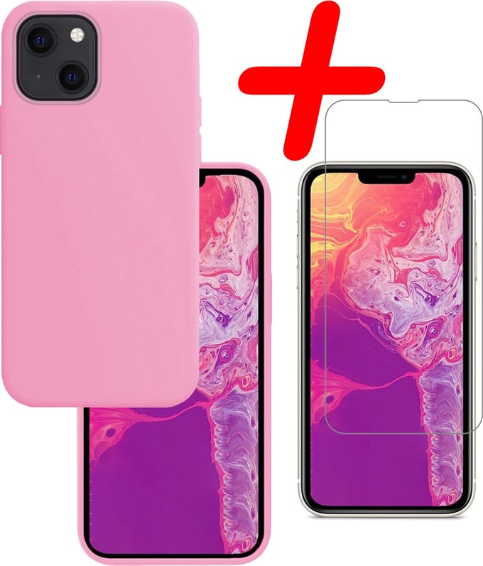 Hoesje Met Screenprotector - Geschikt voor Apple iPhone 14 Plus - Sterk & Shockproof - Back Cover - Siliconen Case - Telefoon Hoes - Lichtroze