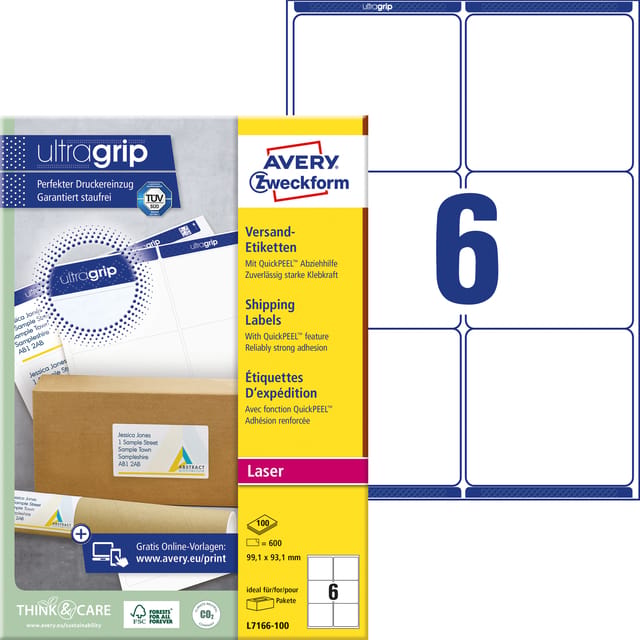Avery Witte laseretiketten QuickPeel  doos van 100 blad formaat 991 x 931 mm (b x h) 600 stuks 6 per blad
