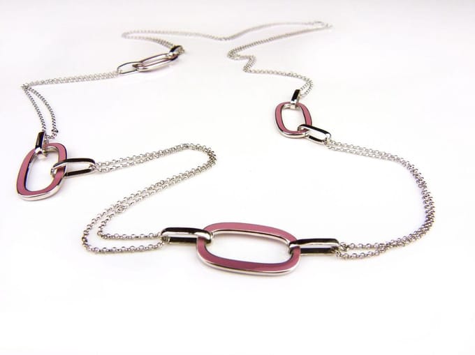 Zilveren halssnoer halsketting collier Model Email met roze email schakels