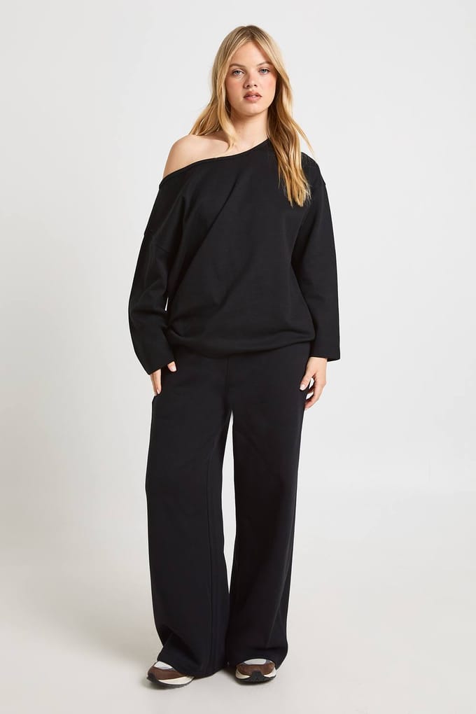 boohoo Dames Petite Interlock Off-shoulder Sweatshirt | Zwart | Maat: Large