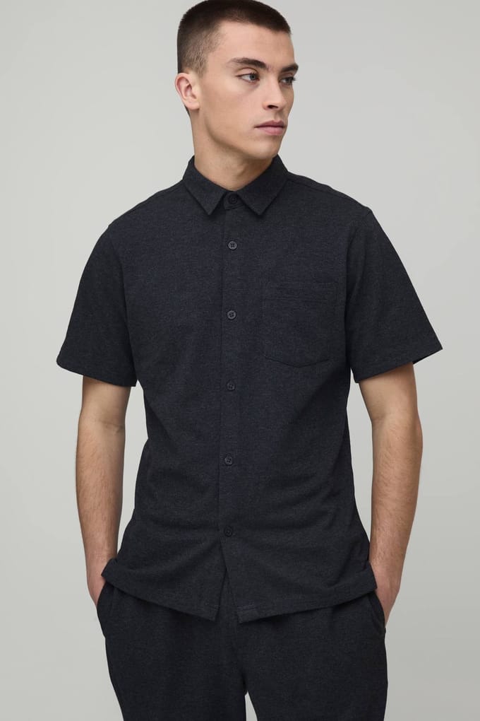Slim Fit Short Sleeve Shirt and Tapered Trouser Set | Charcoal | Size Medium