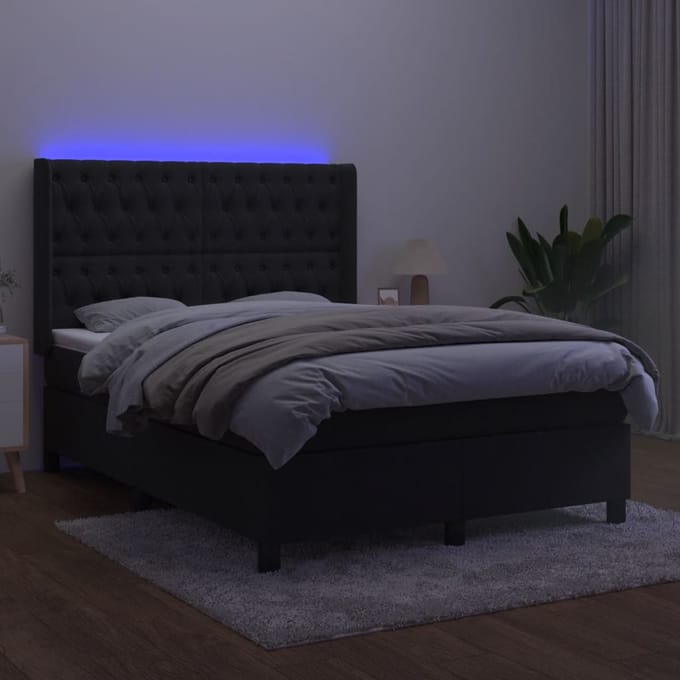 vidaXL - Boxspring - met - matras - en - LED - fluweel - zwart - 140x200 - cm