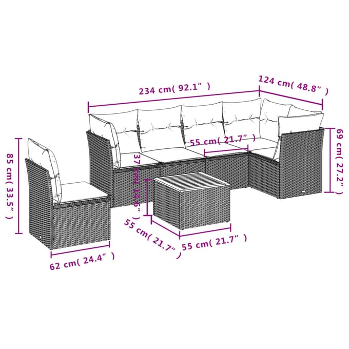 vidaXL - 7-delige - Loungeset - met - kussens - poly - rattan - zwart