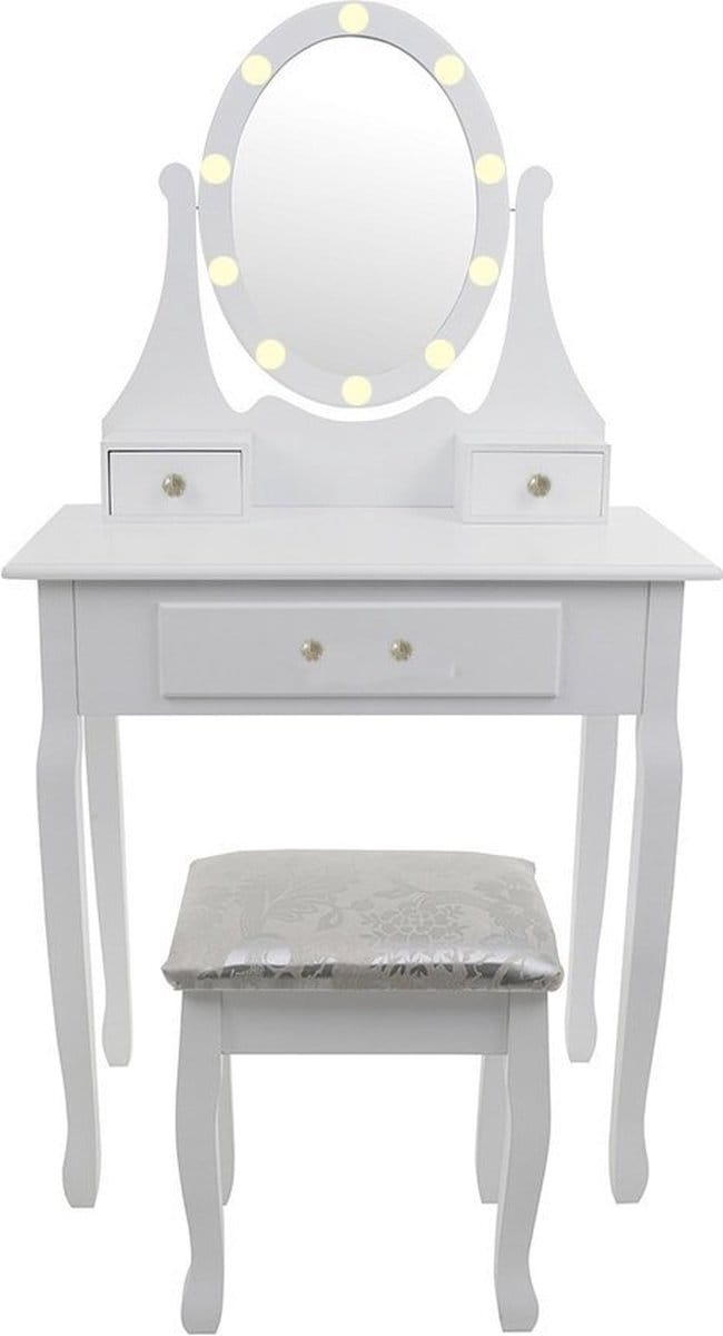 Kaptafel met Spiegel, LED Verlichting en Krukje - 80x40x137 cm - Wit