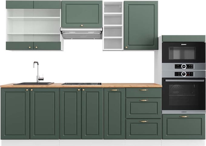 Vicco Fame-Line Complete keukeneenheid – 280 cm, WB Eik Groen-Goud Landhuis/Wit