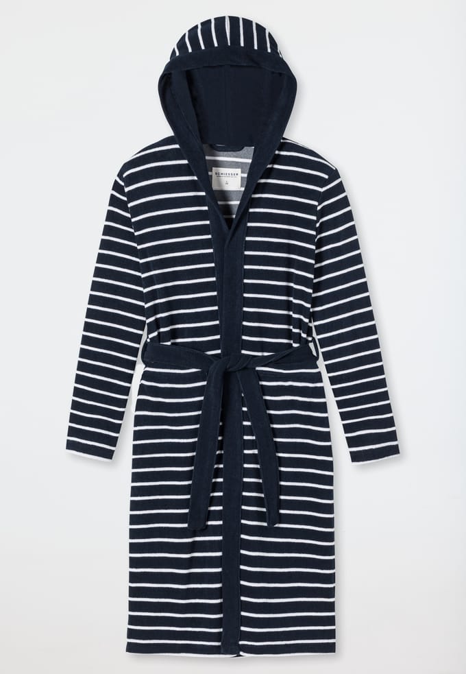 Badjas van lichtfrottee met donkerblauwe strepen - Feather Terry 140