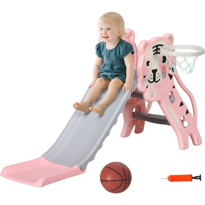AIYAPLAY glijbaan voor kinderen, binnenglijbaan voor kinderen, met basketbalring, tijgerthema, 18 tot 36 maanden, tot en met Roze
