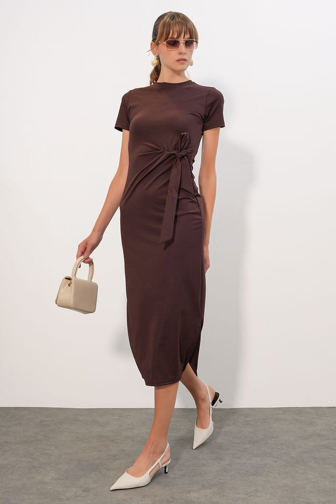 Aansluitend Midi Jersey Jurk Met Strikdetail