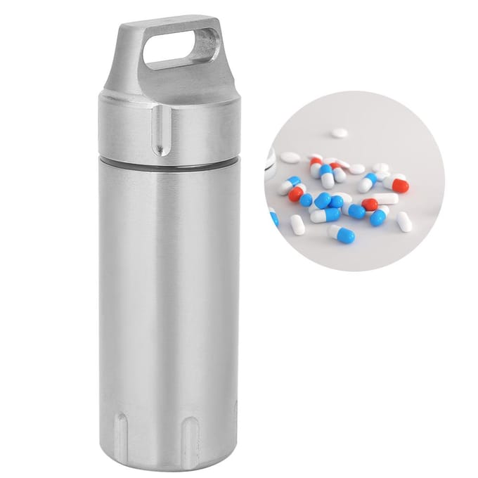 Draagbare Waterdichte Roestvrijstalen Pillendoos Container Fles Sleutelhanger voor Ouderen(Staal white