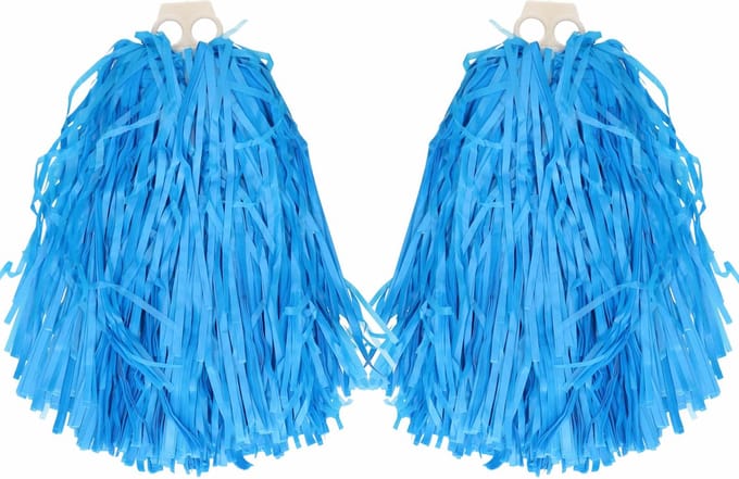 Cheerballs/pompoms - 2x - blauw - met franjes en ring handgreep - 28 cm