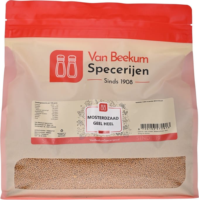 Van Beekum Specerijen - Mosterdzaad Geel Heel - 2 KG (hersluitbare stazak)