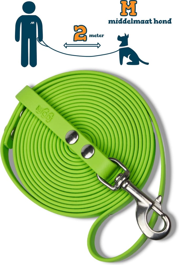 Miqdi hondenriem - BioThane® – lichtgroen – 2 meter lang – 13mm breed – M – middelmaat hond