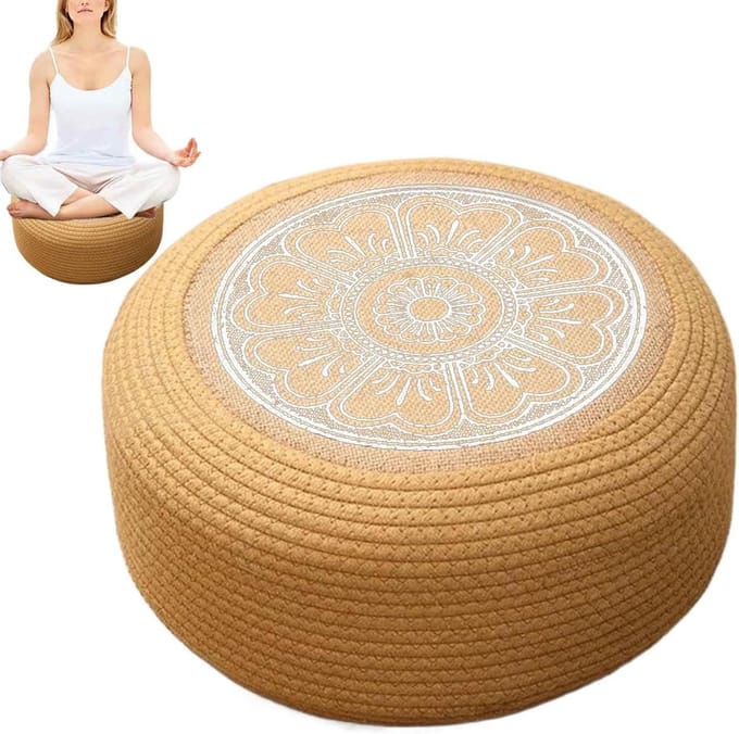 Rotan Poef - Vloerkussen - Ontspanning Zitten - Handgeweven Constructie - 40 cm Diameter - Wit