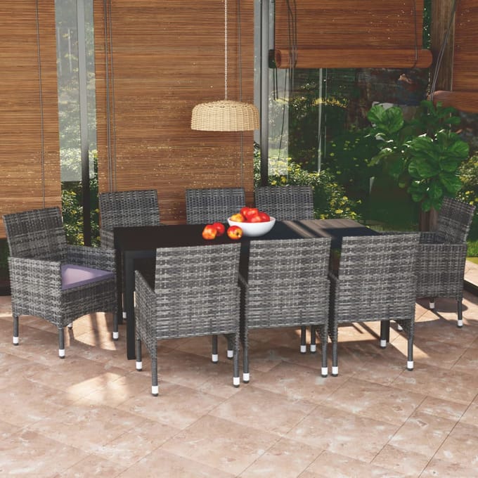 vidaXL - 9-delige - Tuinset - met - kussens - poly - rattan - grijs