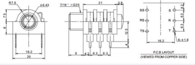 6.35MM Stereo Jack chassisdeel Socket Jack PCB Pins