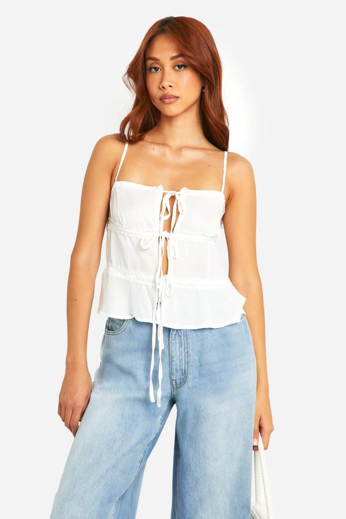 boohoo Dames Tie Cami met kanten afwerking | Wit | Maat: 38