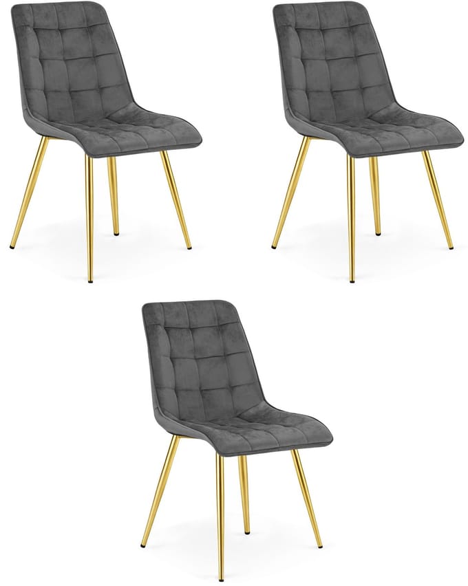 Set van 3 eetkamerstoelen SPLIT - Donkergrijs fluweel - Gouden metalen poten - Modern design