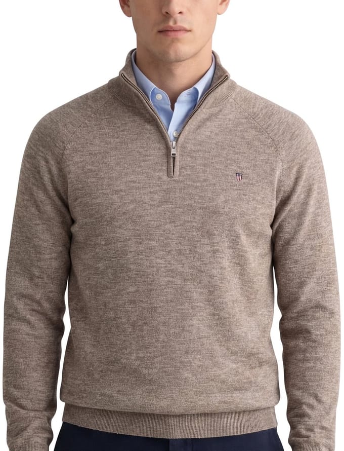 katoenen Gant trui half zip bruin gemeleerd