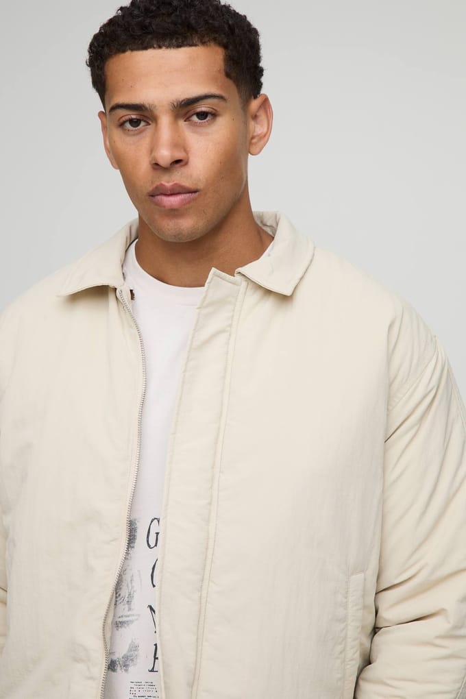 Boxy Fit Peached Crinkle Nylon Coach Jacket | Stone | Size Medium