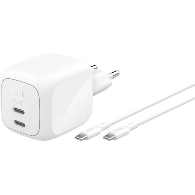 Belkin BoostCharge Pro 67 W USB-C wandlader met 2 USB-C poorten – wit - Inclusief 2m USB-C-C Kabel