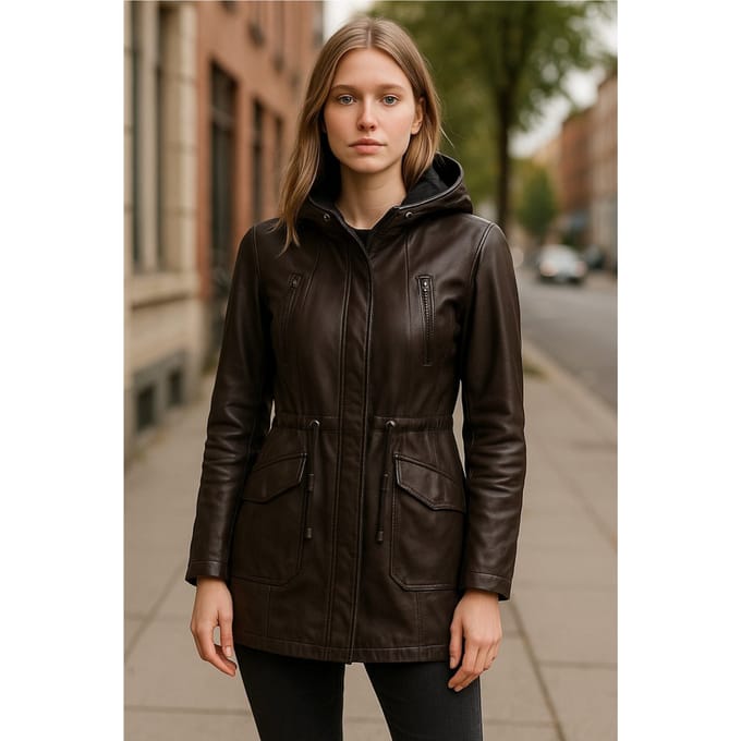 Dames bruine leren parka met capuchon - Clare