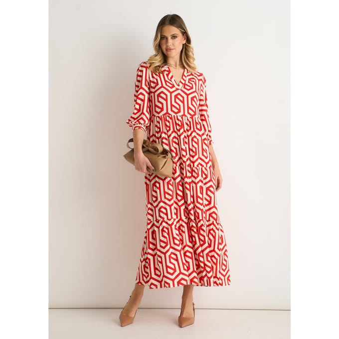 Rode maxi-jurk met geometrische print