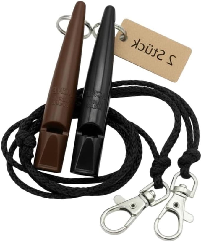 Acme Dog Whistle No. 211.5 with Flute Strap, in Double Pack, 2 Whistles Including 2 Straps, Ideal for Recalling - Loud and Far-reaching (Black + Chocolate Brown)
