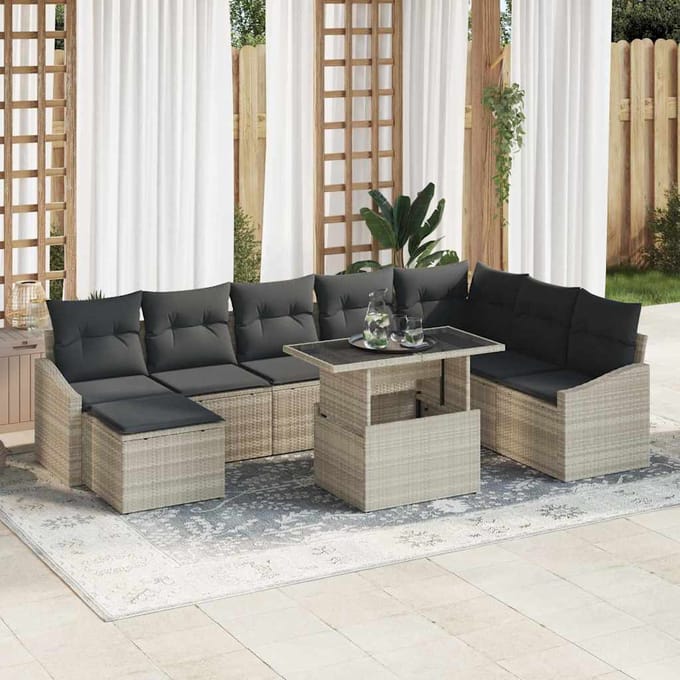 vidaXL Bankstel met kussen met opslag 9 pcs Lichtgrijs poly rattan