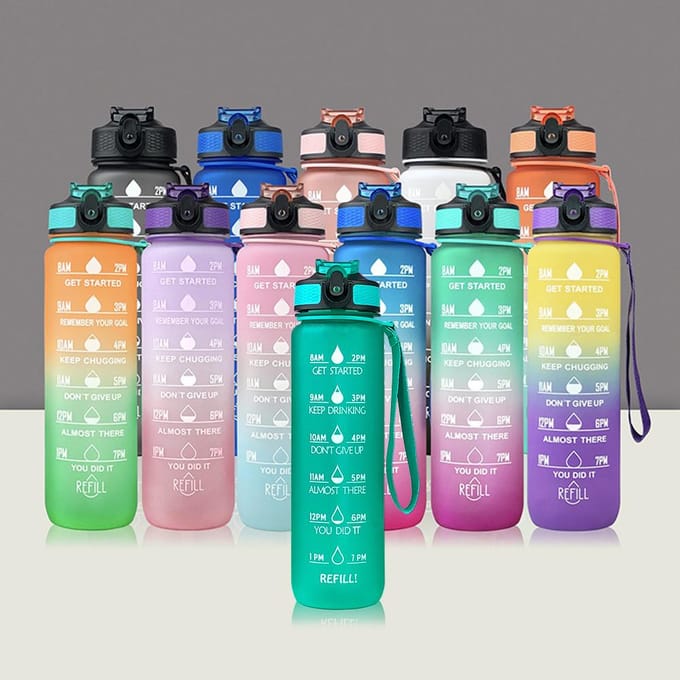1L Motiverende waterfles met rietje en tijdmarkering Lekvrije fliptop sportfles voor blue