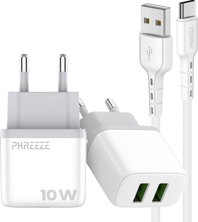 Phreeze usb adapter 12w - Usb A naar usb C kabel 1 meter - Dubbele usb poort oplader voor telefoon en tablet