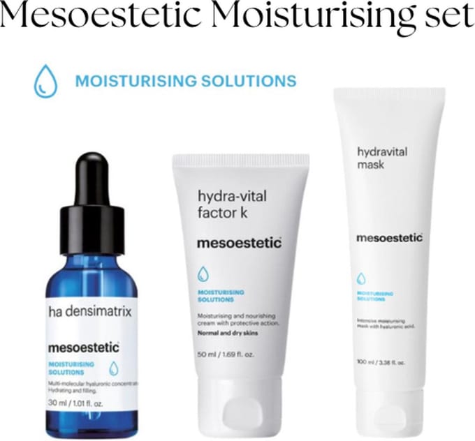 Mesoestetic Hydratatie Set – HA Densimatrix Serum + Hydra Vital Factor K + Hydravital Mask – Droge Huid – Complete Verzorgingsroutine