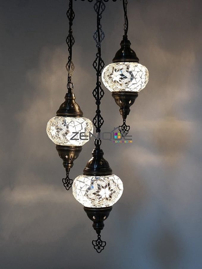 Turkse Lamp - Hanglamp Mozaïek - Kroonluchter Wit - 3 Bollen - Handgemaakt en Authentiek