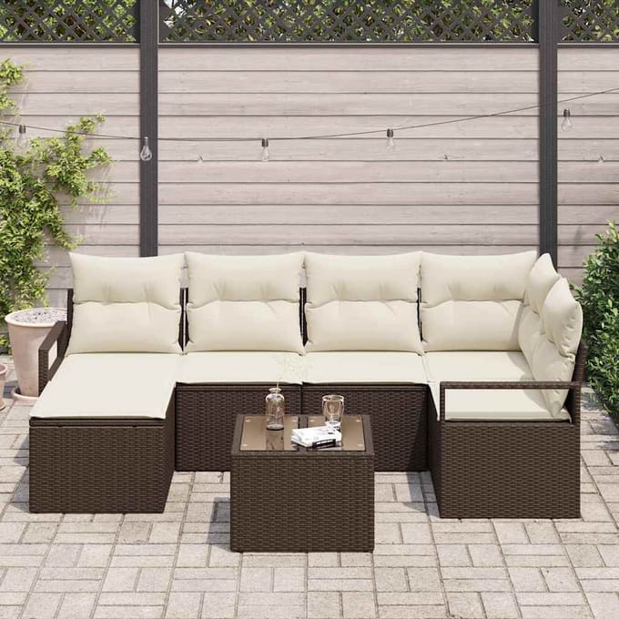vidaXL Bankstel met kussen met opslag 7 pcs Bruin en Crème poly rattan