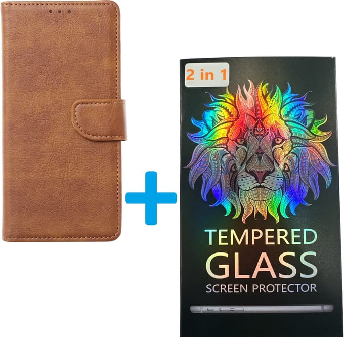 Portemonnee Bookcase Hoesje + 2 Pack Glas Geschikt voor: Samsung Galaxy A05 - Lichtbruin