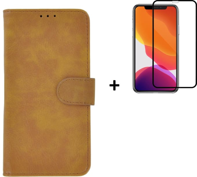 Hoesje Geschikt voor iPhone 11 Pro Max + Screenprotector iPhone 11 Pro Max - iPhone 11 Pro Max Hoes Wallet Bookcase Bruin + Full Tempered Glass